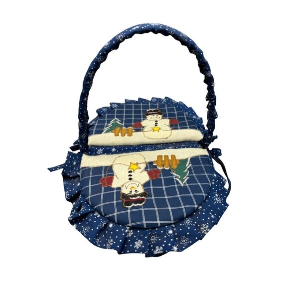 Holiday Snowman Woven Wicker Cloth Basket Lid Handle Christmas Home Decor READ - Picture 3 of 12
